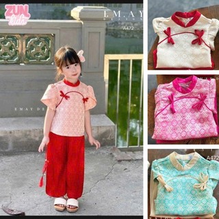 Set Áo Và Quần Dài Bé Gái A472 – Pháp Phục Cách Tân, Quần Lụa Satin Mềm, Tay Áo Cách Điệu, Diện Tết Lễ Hội