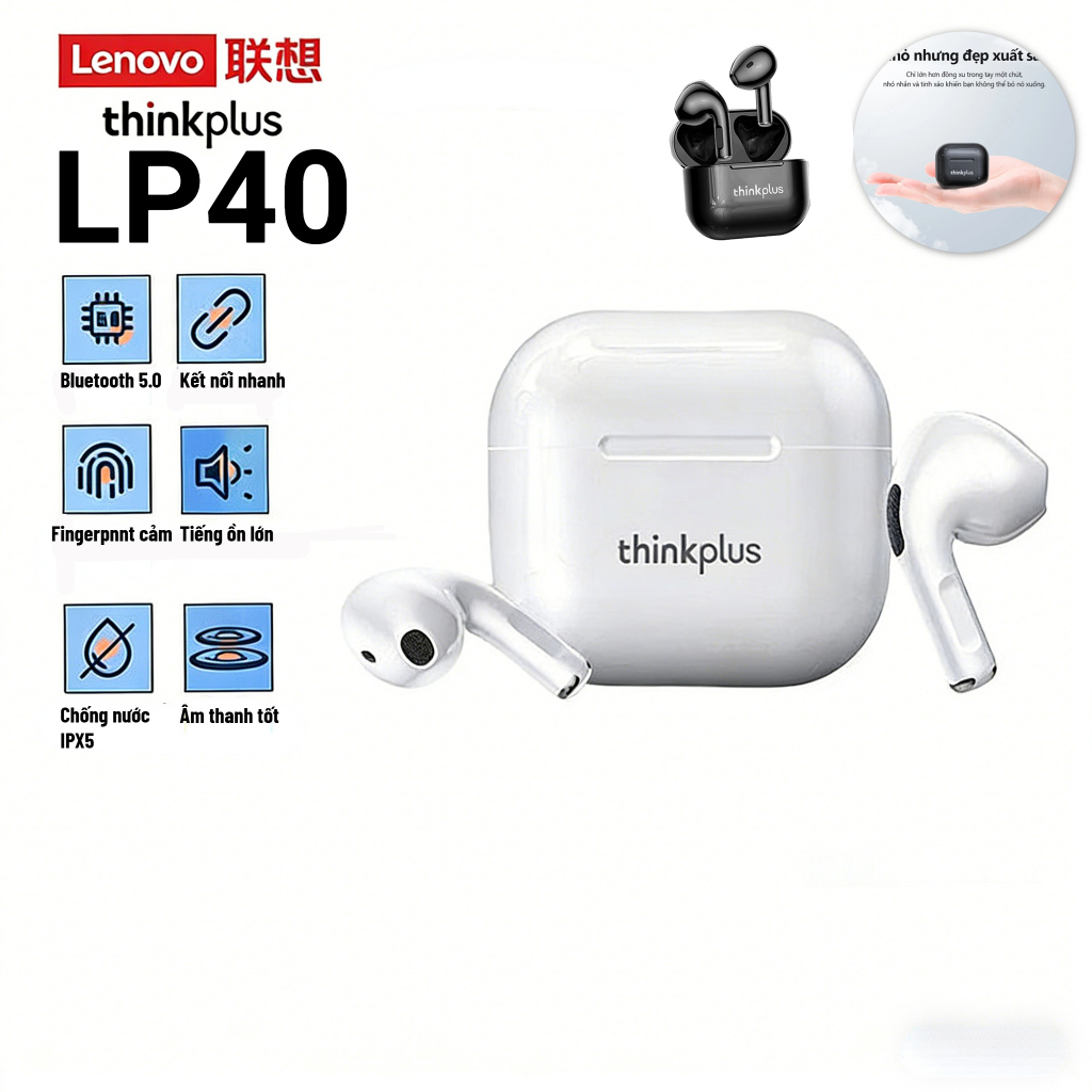 Lenovo LP40 Tai nghe Bluetooth không dây 5.0 thông minh với cảm ứng âm thanh stereo micro chống nước Sử dụng hàng ngày