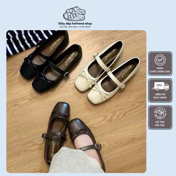 Giày búp bê nữ phối nơ mũi vuông, giày lolita giày lolita chất da mềm dẻo, êm chân - Giày dép hottrend shop