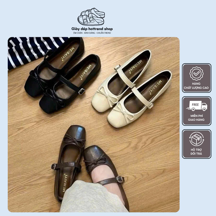 Giày búp bê nữ phối nơ mũi vuông, giày lolita giày lolita chất da mềm dẻo, êm chân - Giày dép hottrend shop