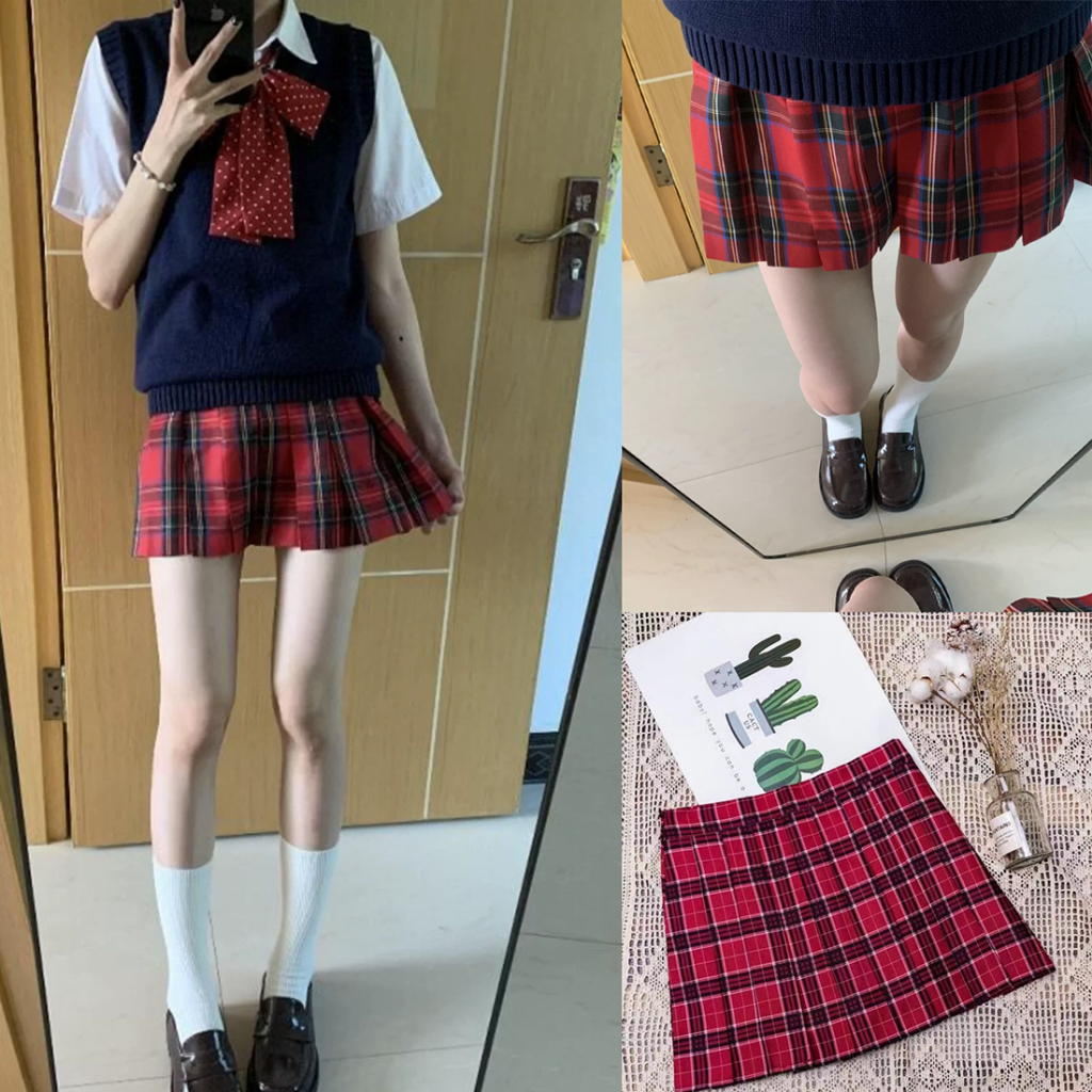 Váy ngắn nữ Hàn Quốc họa tiết caro, váy cosplay đội tưng, dây đai lót phản quang cho phụ nữ