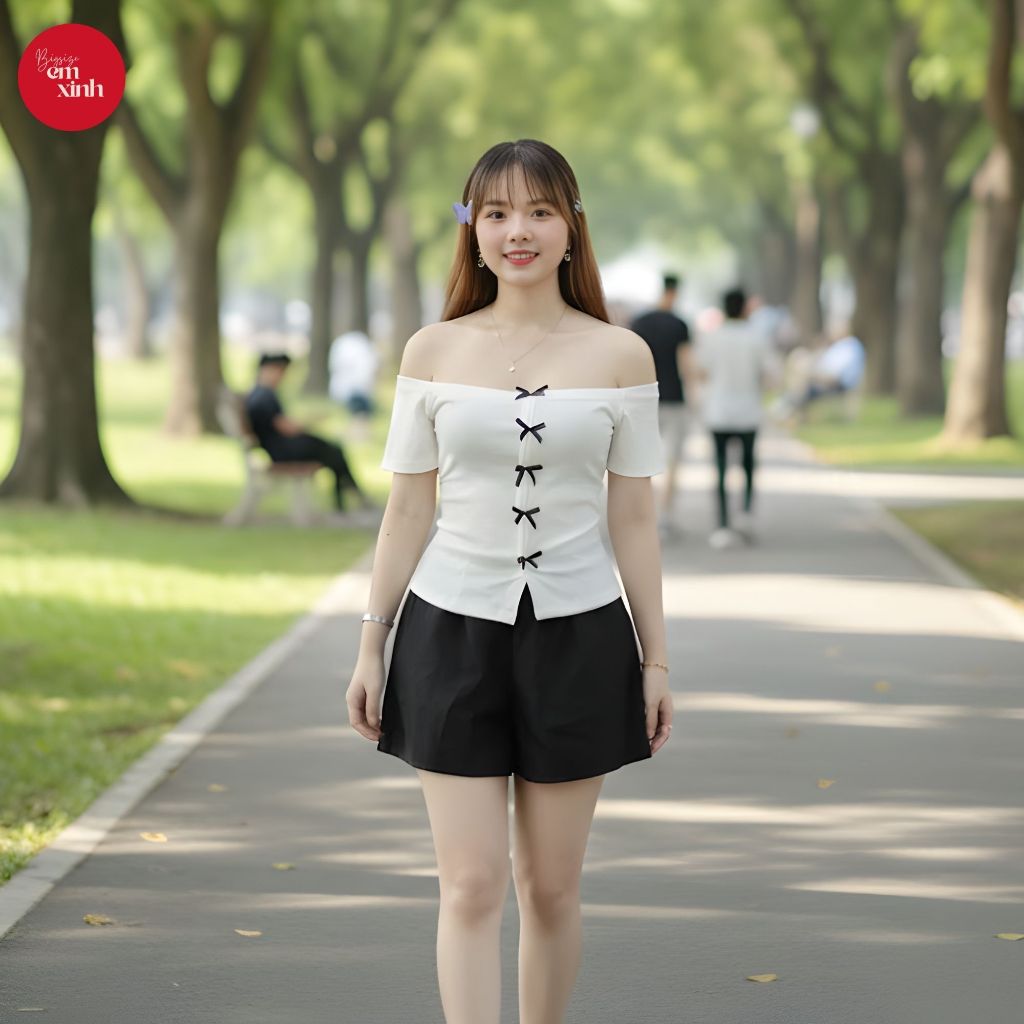Áo Thun Nữ Trễ Vai Phối Nơ Thun Tăm – Áo Thun Nữ Thời Trang Freesize 50–80kg | BS084- Em Xinh Bigsize