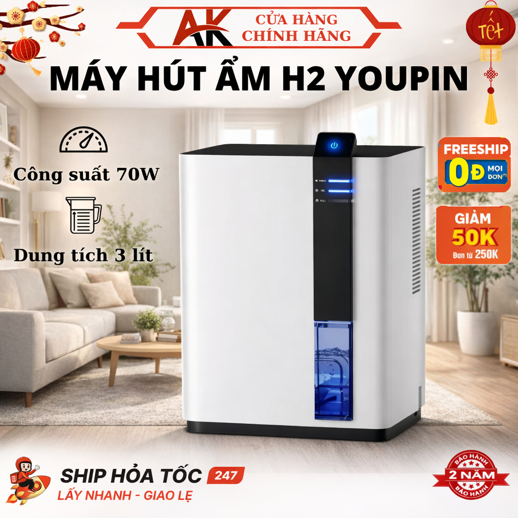 Máy Hút Ẩm Không Khí H2 Youpin 3 Lít, Công Suất 70W, Chế Độ Ngắt Tự Động, An Toàn, Bảo Hành 2 Năm