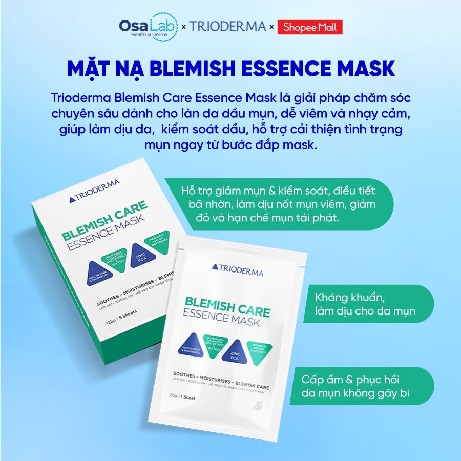 Mặt nạ hỗ trợ cải thiện mụn, giảm sưng viêm mụn, mờ thâm Blemish Care Essence Mask Trioderma hộp 10 miếng