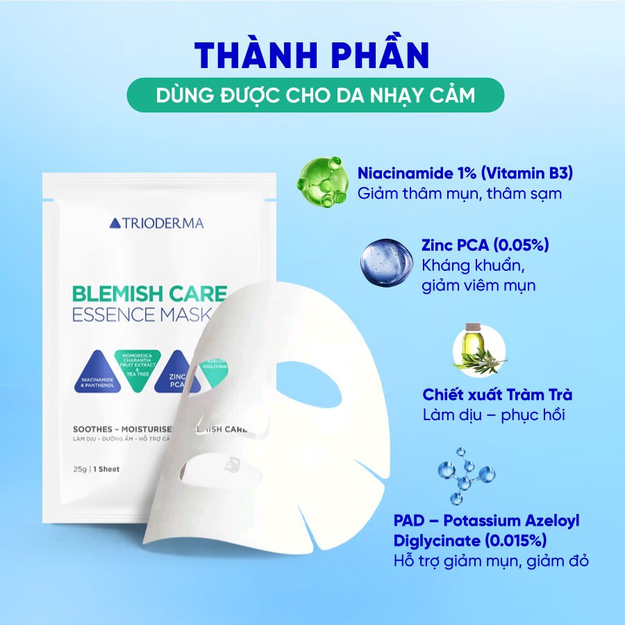 Mặt nạ hỗ trợ cải thiện mụn, giảm sưng viêm mụn, mờ thâm Blemish Care Essence Mask Trioderma hộp 10 miếng