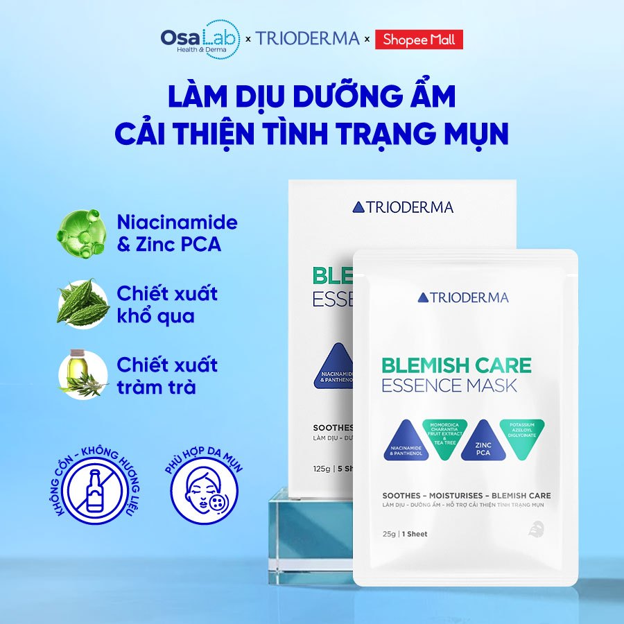 Mặt nạ hỗ trợ cải thiện mụn, giảm sưng viêm mụn, mờ thâm Blemish Care Essence Mask Trioderma hộp 10 miếng