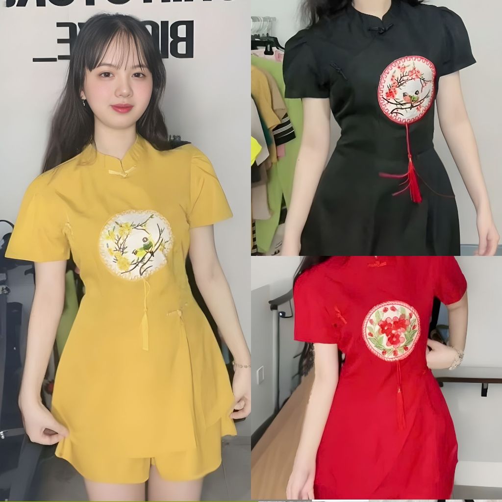 Set Bộ Nữ Áo Cổ Tàu Thêu Hình + Quần Short Lưng Thun – Đồ Bộ Nữ Thời Trang Freesize 45–90kg | BS057