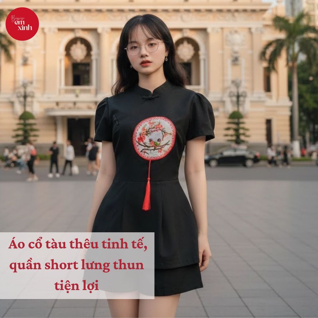 Set Bộ Nữ Áo Cổ Tàu Thêu Hình + Quần Short Lưng Thun – Đồ Bộ Nữ Thời Trang Freesize 45–90kg | BS057
