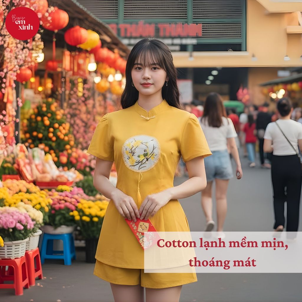 Set Bộ Nữ Áo Cổ Tàu Thêu Hình + Quần Short Lưng Thun – Đồ Bộ Nữ Thời Trang Freesize 45–90kg | BS057