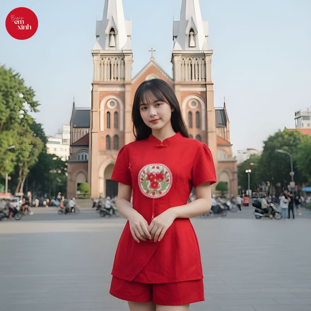 Set Bộ Nữ Áo Cổ Tàu Thêu Hình + Quần Short Lưng Thun – Đồ Bộ Nữ Thời Trang Freesize 45–90kg | BS057