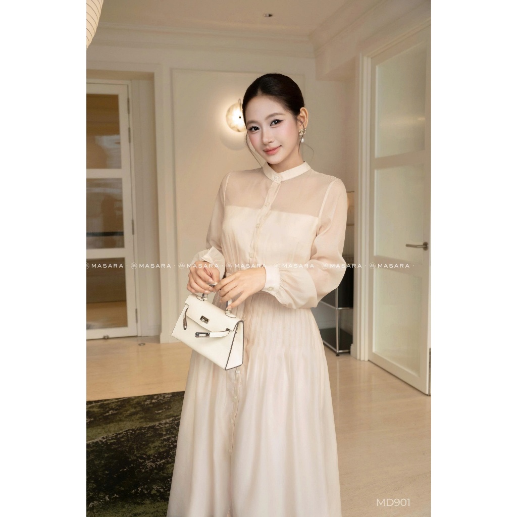 Đầm sơ mi Masara dáng dài phối thắt lưng da phong cách thanh lịch MD901