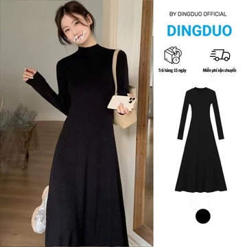 Đầm body dáng dài Váy đen dài tay mùa đông Váy liền dài tay màu đen váy dài kiểu Pháp