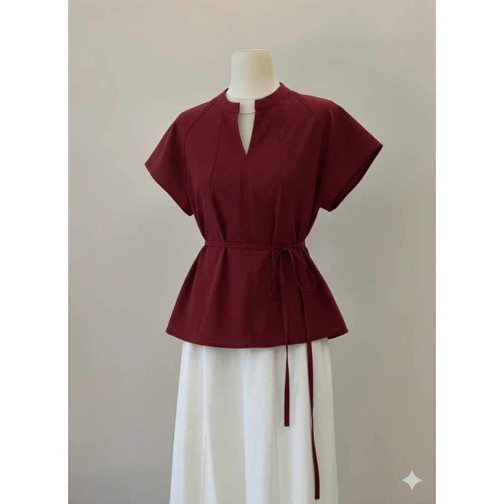 𝗗𝗮𝗿𝗮  A08- | LY LINEN| Áo Linen cổ tàu thắt nơ kèm dây