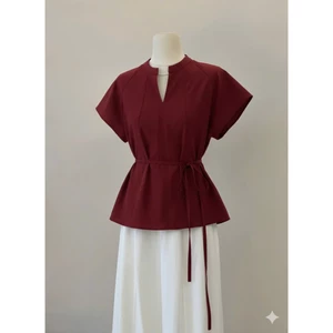 𝗗𝗮𝗿𝗮 A08- | LY LINEN| Áo Linen cổ tàu thắt nơ kèm dây