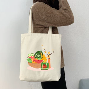 Túi tote TẾT túi vải canvas có khóa kéo ngăn phụ mâm ngũ quả bánh chưng Tết đeo vai du xuân đi chơi 30x45cm tota0299