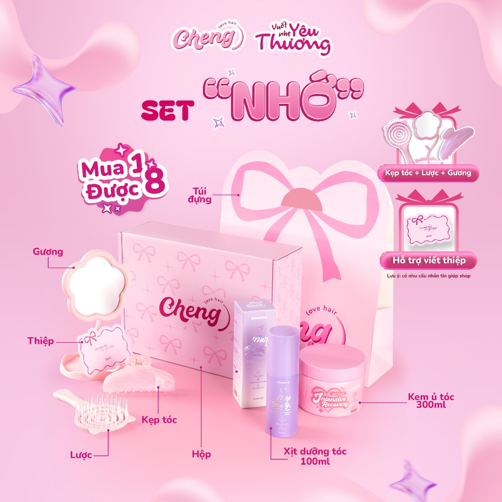 [Set Quà Tặng Sinh Nhật] Set quà tặng chăm sóc tóc, Box quà tặng bạn gái - Kem ủ tóc, Tinh dầu, Xịt dưỡng Chenglovehair