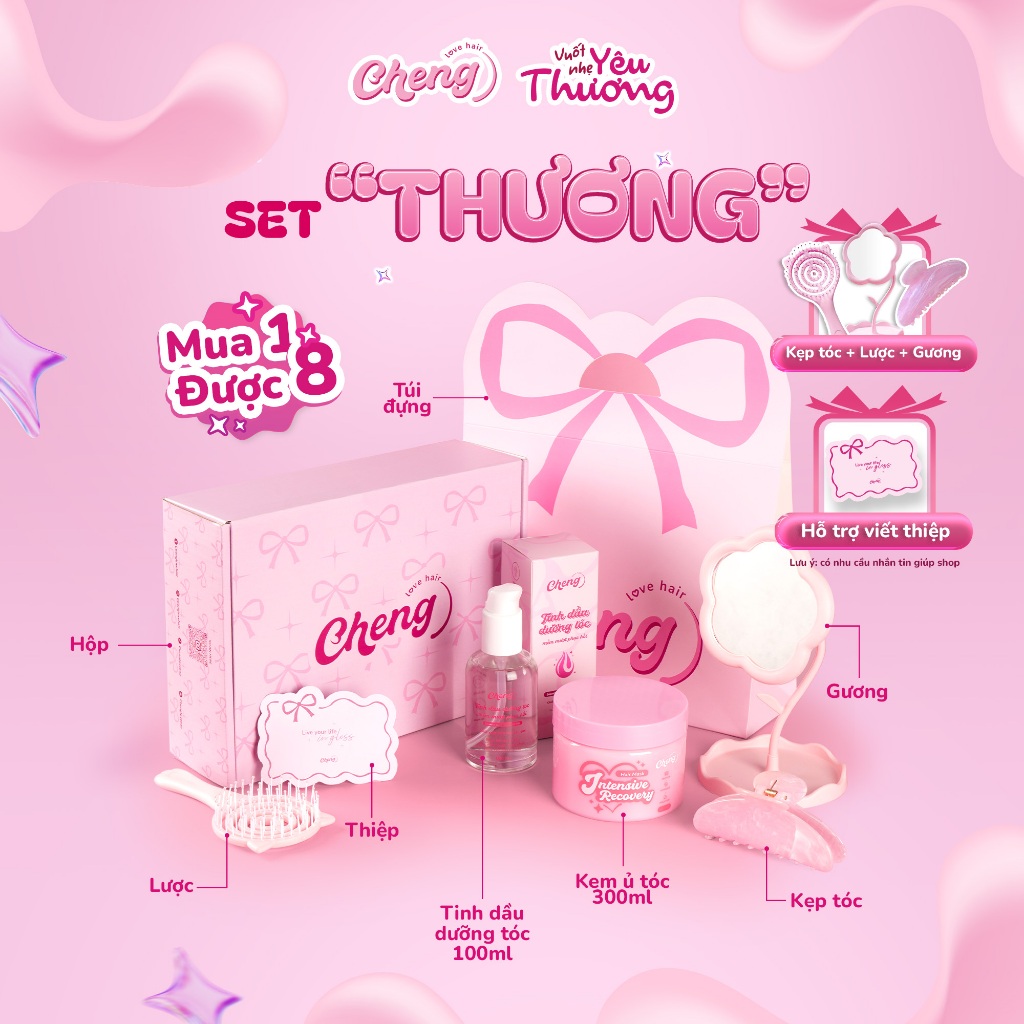 [Set Quà Tặng Sinh Nhật] Set quà tặng chăm sóc tóc, Box quà tặng bạn gái - Kem ủ tóc, Tinh dầu, Xịt dưỡng Chenglovehair
