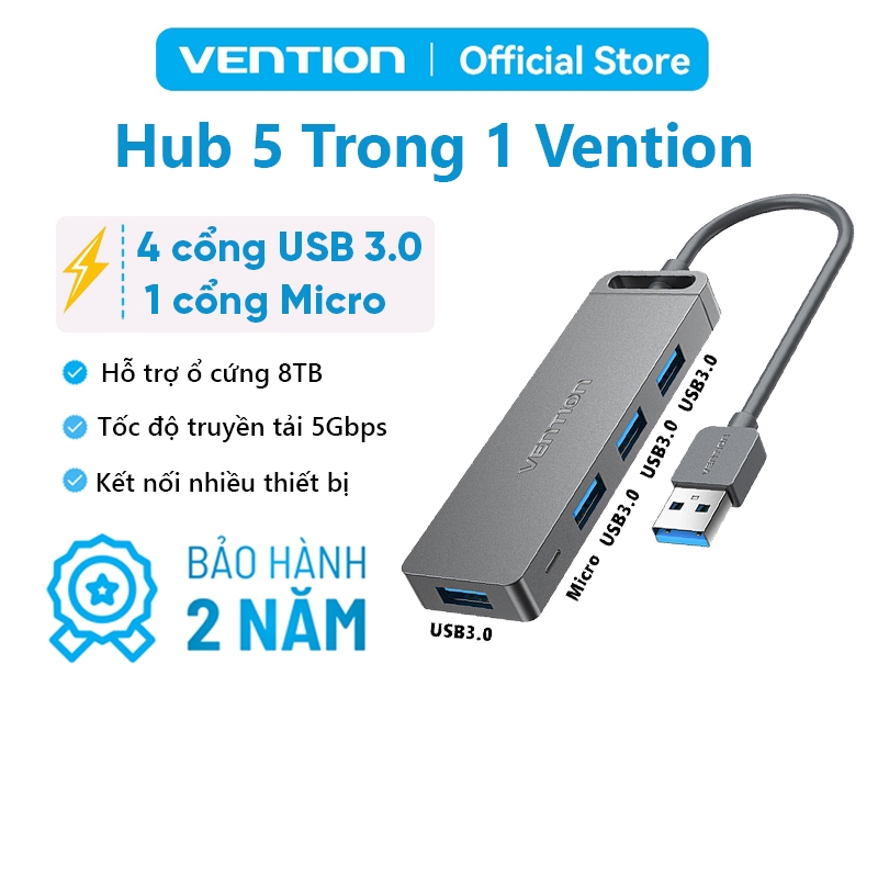 Hub 5 in 1 Vention 4 Cổng USB 3.0, Hỗ Trợ Micro,Tốc Độ Truyền 5Gbps