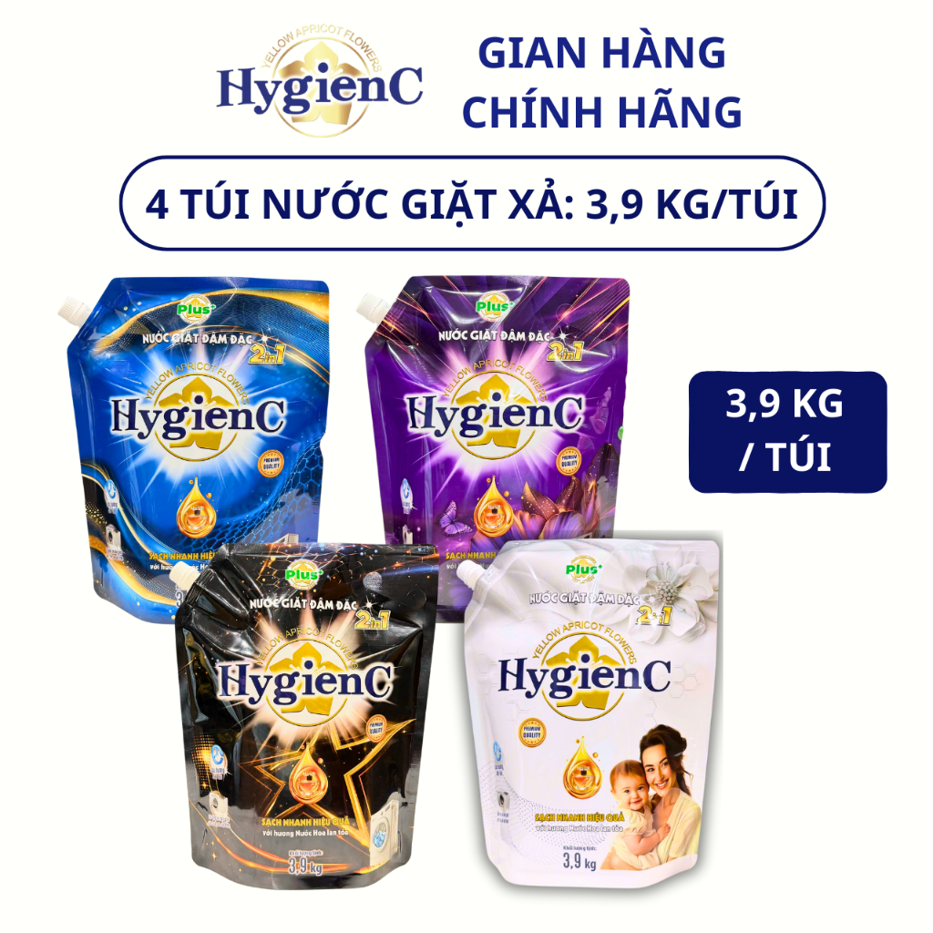 [MỚI] Combo 4 Túi Nước Giặt Đậm Đặc HygienC Plus 3,9 Kg/Túi - Hương Nước Hoa, Sạch Vết Bẩn