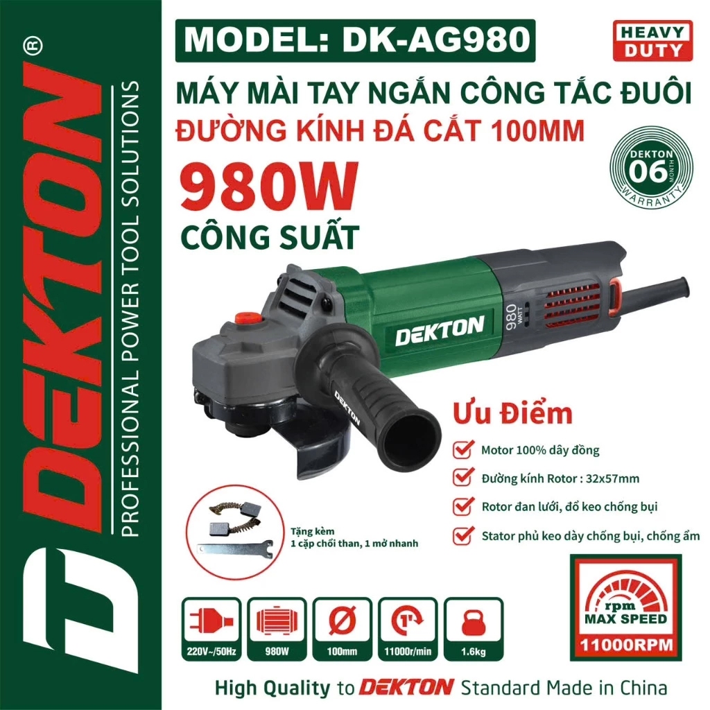 Máy mài cầm tay DEKTON DK-AG980, Công suất 980W, Công tắc đuôi, Kèm 1 cặp chổi than
