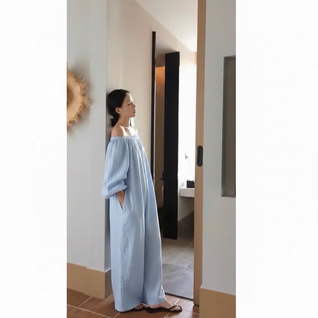 𝗔𝗻𝗻𝗮 𝗗𝗿𝗲𝘀𝘀- Đầm linen Tưng vân gỗ trễ vai dáng dài BEELY