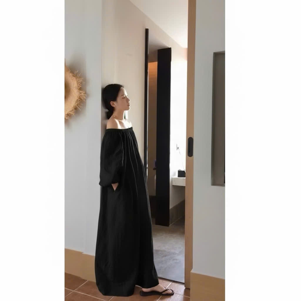 𝗔𝗻𝗻𝗮 𝗗𝗿𝗲𝘀𝘀- Đầm linen Tưng vân gỗ trễ vai dáng dài BEELY