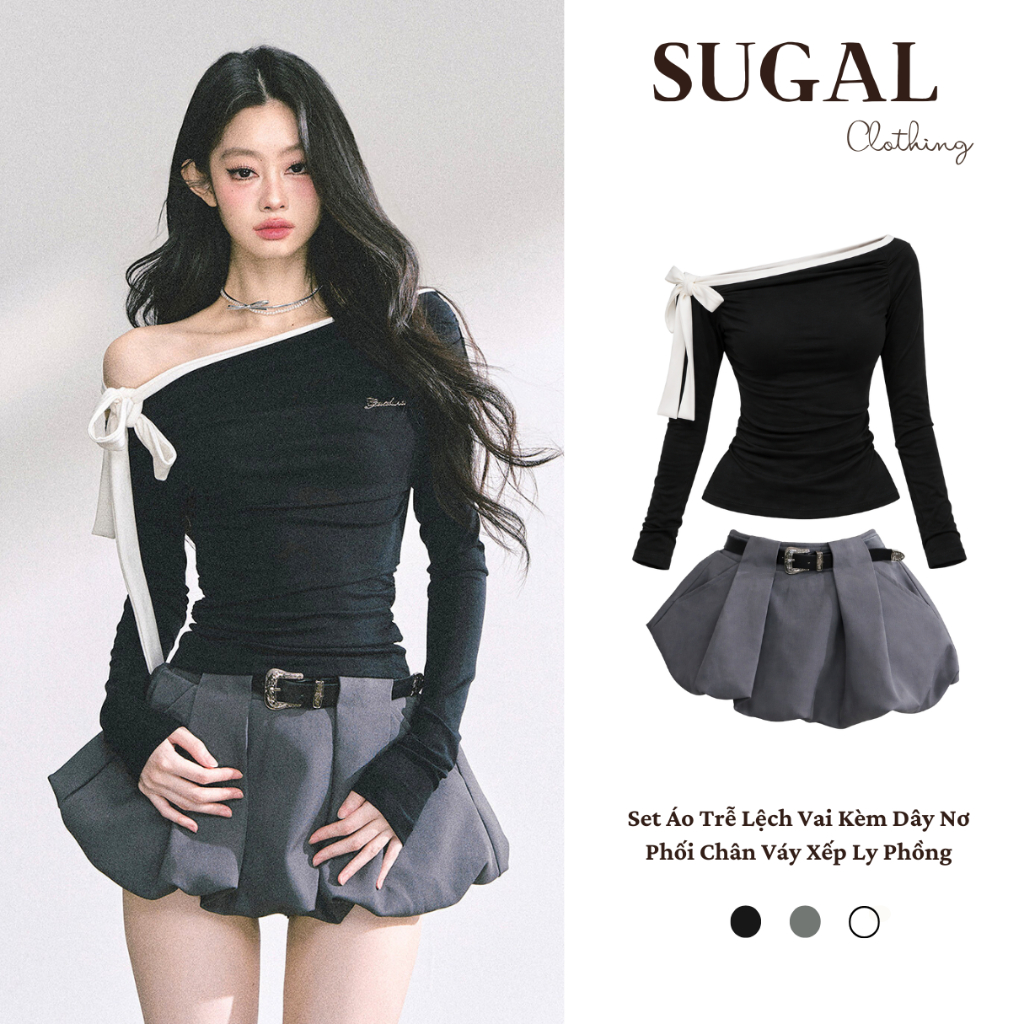 SUGAL - Set Áo Thun Trễ Lệch Vai Kèm Dây Nơ - Phối Chân Váy (Kèm Đai ...