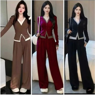 Set dài tay,Bộ dài tay cho Nữ Áo Hai Lớp Cúc Cài size 40-60 kg quần xuông ống rộng cạp chun co dãn mặc thoải mái