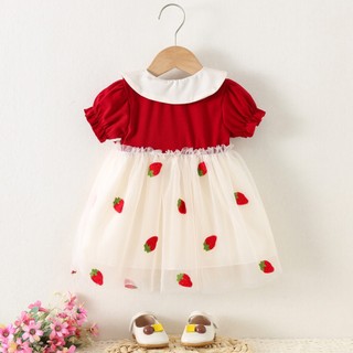 Váy bé gái màu đỏ ngắn tay thun cotton phối lưới thêu quả dâu sinh nhật thôi nôi D1245 Bí Ngô Nhỏ