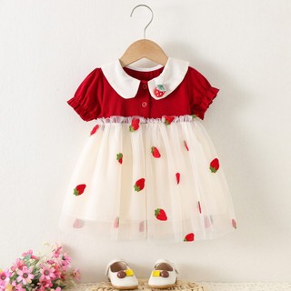 Váy bé gái màu đỏ ngắn tay thun cotton phối lưới thêu quả dâu sinh nhật thôi nôi D1245 Bí Ngô Nhỏ