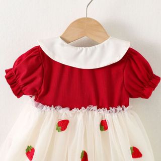 Váy bé gái màu đỏ ngắn tay thun cotton phối lưới thêu quả dâu sinh nhật thôi nôi D1245 Bí Ngô Nhỏ