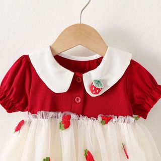 Váy bé gái màu đỏ ngắn tay thun cotton phối lưới thêu quả dâu sinh nhật thôi nôi D1245 Bí Ngô Nhỏ