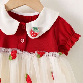Váy bé gái màu đỏ ngắn tay thun cotton phối lưới thêu quả dâu sinh nhật thôi nôi D1245 Bí Ngô Nhỏ