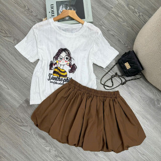 SET Áo Váy Bigsize Nữ Áo Xước Gân In Hình Cô Gái Kèm Chân Váy BÍ Dễ Thương A287+CV413