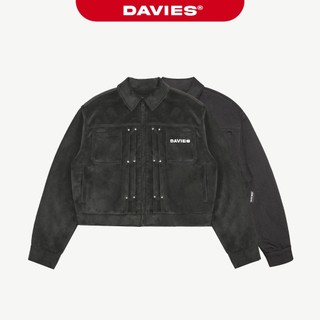 Áo khoác croptop nam nữ chất kaki DAVIES hoạ tiết hình thêu da đính nút kim loại cổ bẻ màu đen Skirmish Jacket | D-AK21