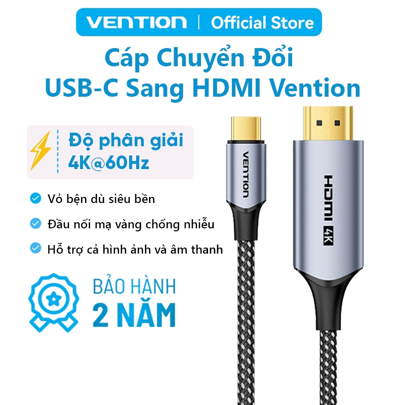 Cáp Chuyển Đổi USB-C Sang HDMI Vention Hỗ Trợ Phân Giải 4K@60Hz, Đầu Nối Mạ Vàng Truyền Tải Tốt