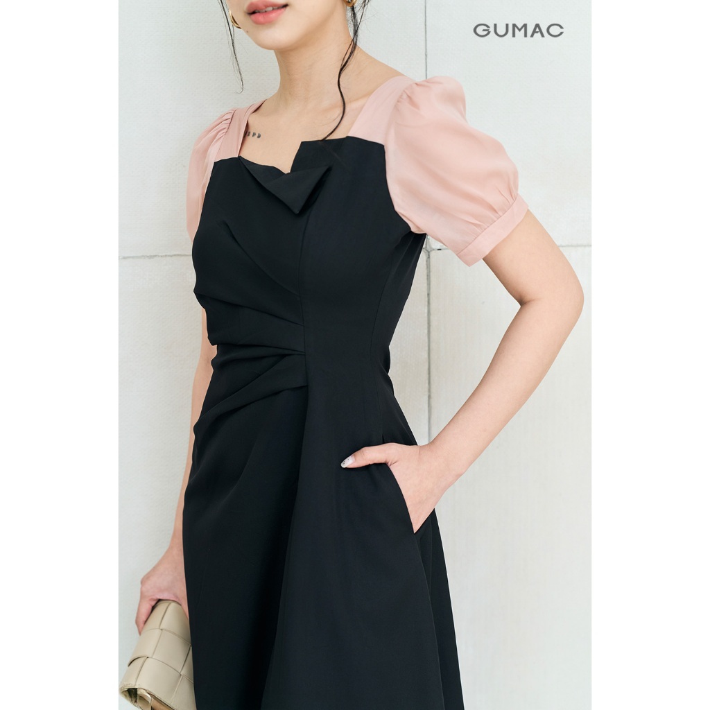 Đầm Nữ Dáng A Xòe GUMAC Thiết Kế Cổ Vuông Phối Tơ Xếp Ly Tay Phồng Thanh Lịch LDE0701