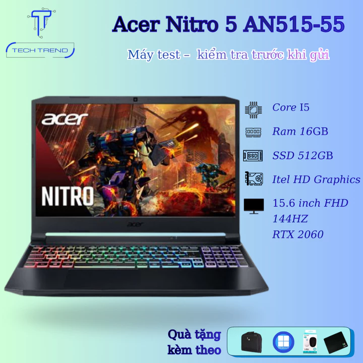 Laptop Gaming Acer Nitro 5 AN515-55, Core i5-10300H, Ram 16GB, SSD 512GB, 15.6 inch FHD 144Hz, VGA RTX 2060 Đồ Họa Cao