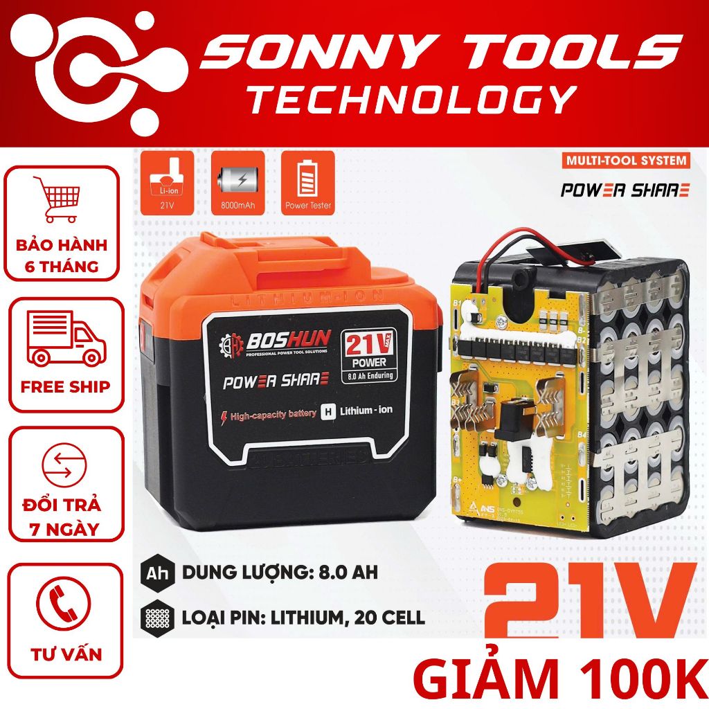 Pin Boshun 20 Cell , Mạch 8 Mosfet Dòng Xả cao, chân pin phổ thông cho máy khoan,máy mài