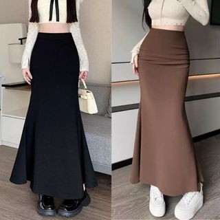 Chân váy dài thun tăm lưng cao dáng basic màu đen nâu tinh tế VANISA CV065