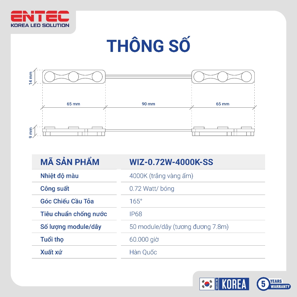 Đèn led dây 3 bóng Hàn Quốc điện 12V IP68 màu 4000k siêu sáng