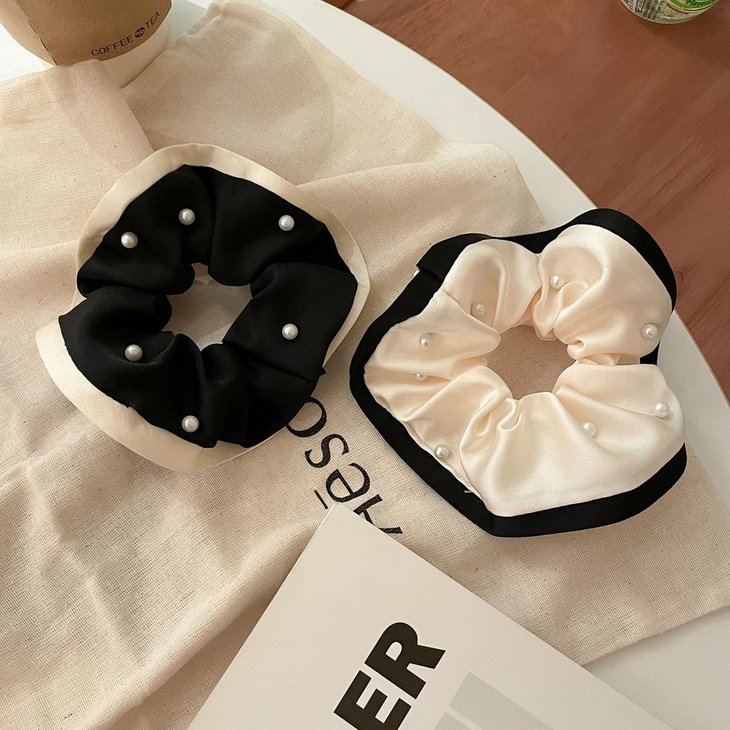Dây Cột Tóc Scrunchies Bằng Vải Lụa Đính Hạt Ngọc Sang Trọng Dễ Thương Phụ Kiện Tóc Nữ Và Bé Gái Empoli