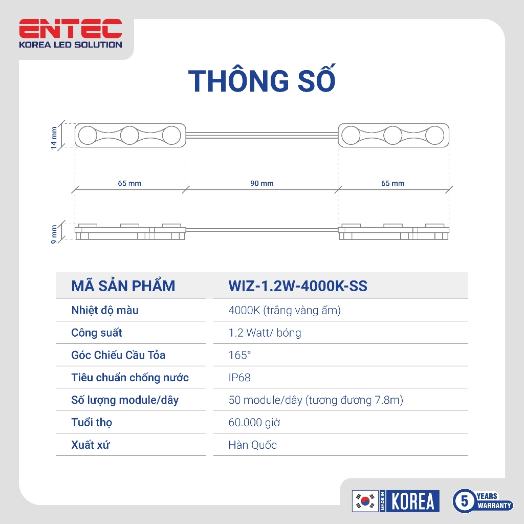 Đèn led dây 3 bóng Hàn Quốc điện 12V 1.2W IP68 màu 4000k siêu sáng