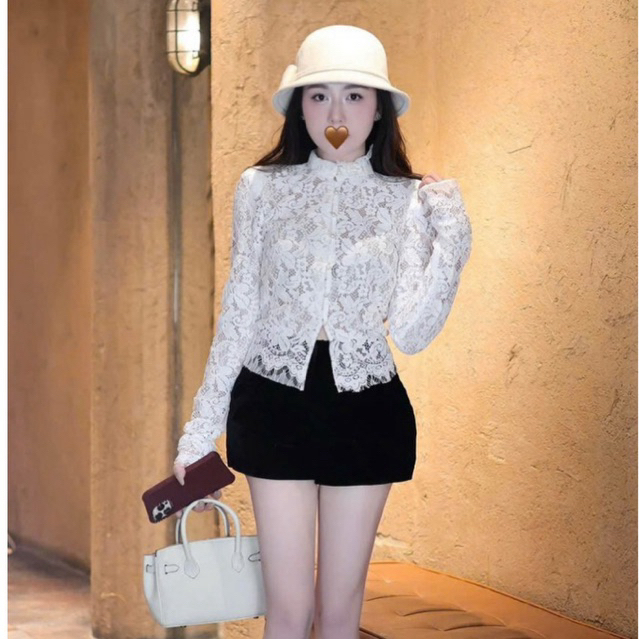 “Dora Top” Áo ren hoa cổ tàu tay bồng đính khuy ngọc cao cấp,Áo thiết kế kiểu nữ dáng ngắn tiểu thư đi chơi đi tiệc