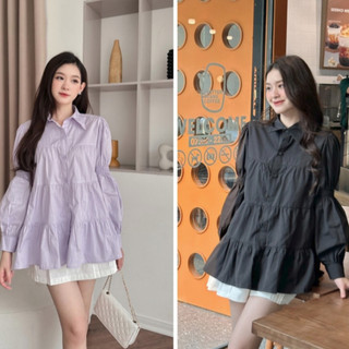 Áo Sơ Mi Dáng Rộng Baby Doll Tay Dài Nhún Kiểu Đèn Lồng Phong Cách Hàn Quốc