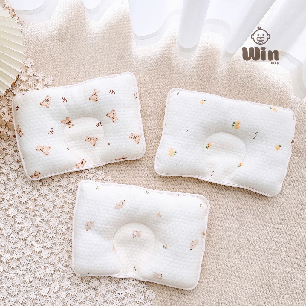 Gối lõm mặt lụa cotton Win thiết kế lõm giữa phòng ngừa méo đầu họa tiết xinh xắn Bahu_Baby