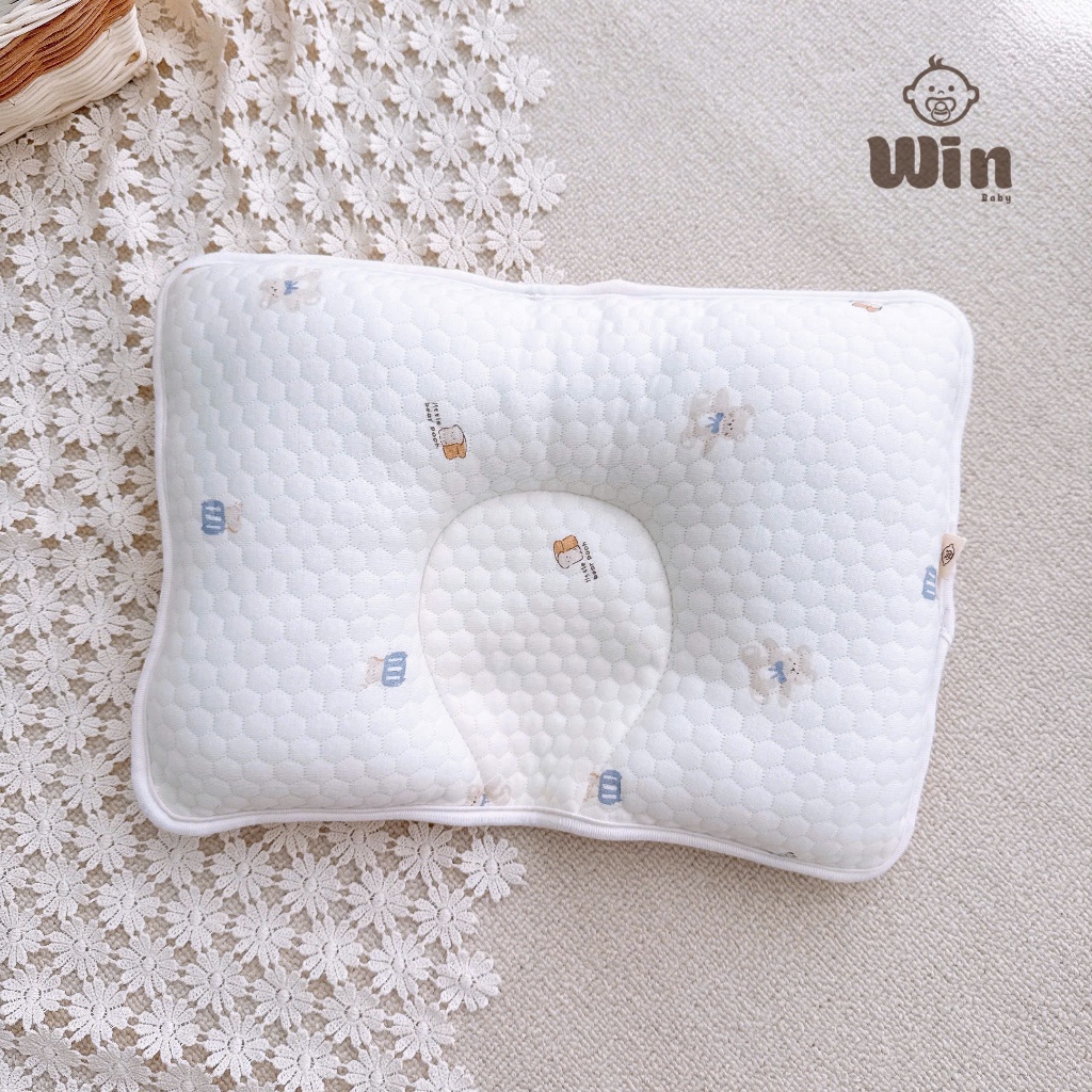 Gối lõm mặt lụa cotton Win thiết kế lõm giữa phòng ngừa méo đầu họa tiết xinh xắn Bahu_Baby