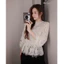 Áo ren hoa tiểu thư phối lưới chấm bi tay bồng rút nơ eo tôn dáng , Áo kiểu nữ cổ tròn dáng peplum style tiểu thư HQ