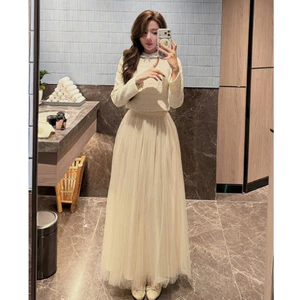 MIU.STUDIO • Set áo dạ tweed blinh dáng ngắn thiết kế cổ sen đính nơ cách điệu kèm chân váy lưới dáng dài sang chảnh