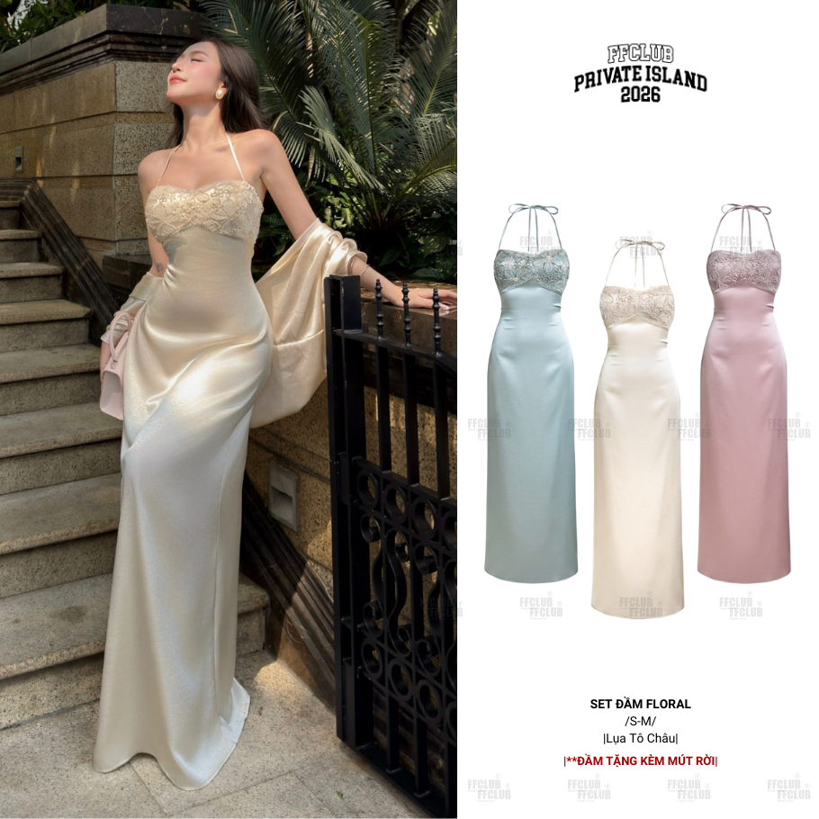 [CÓ TÁCH SET] ĐẦM LỤA HỞ LƯNG FLORAL PHỐI REN HOA KIM SA TÔN DÁNG FFCLUB